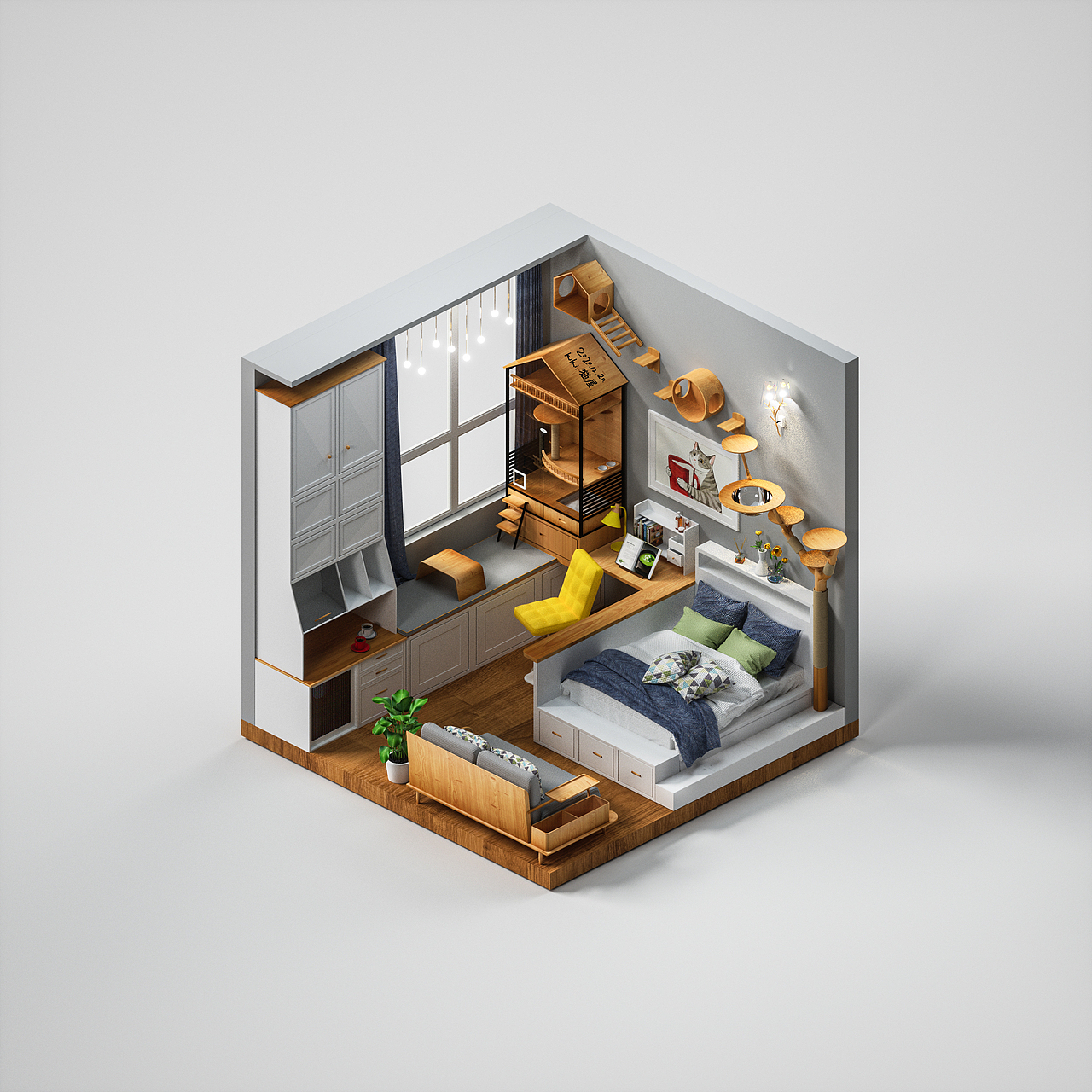 C4D作业练习 - 原创卡通小场景 / 蜂巢小房间 / 猫屋（图ZMzE3MTEwMDUy） - 场景 - 站酷设计师kikiicat原创素材 - 站酷ZCOOL