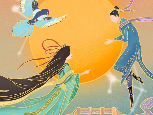 七夕国潮风商业插画牛郎织女