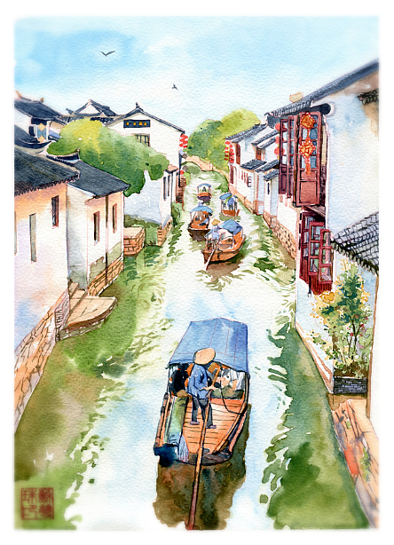 手绘城市系列——《苏州周庄》|插画|商业插画|阿骨aoki_原创作品