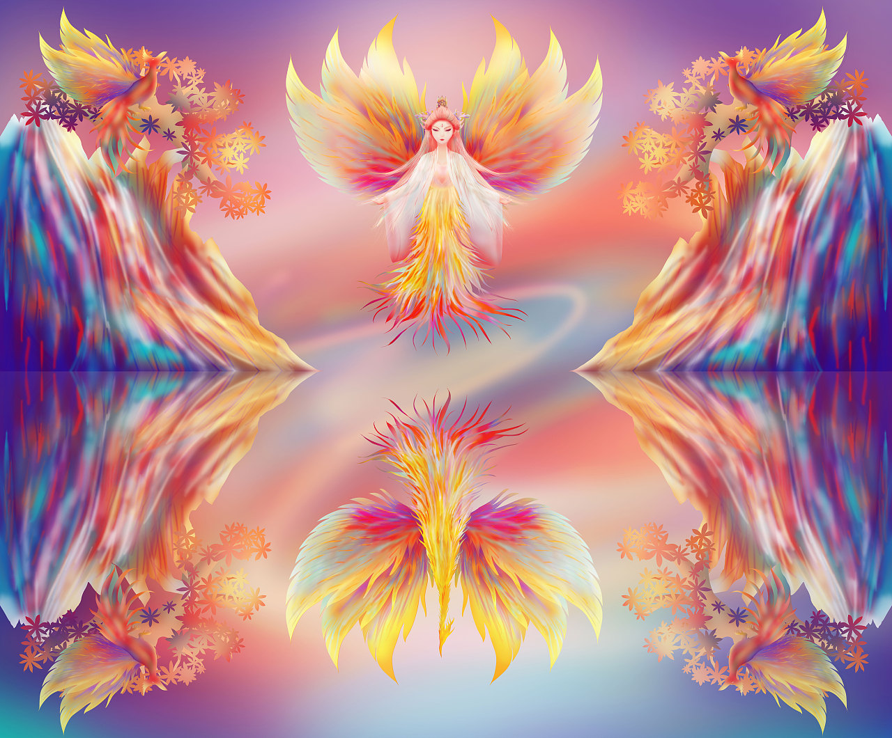 原创幻彩插画人面凤凰鸟