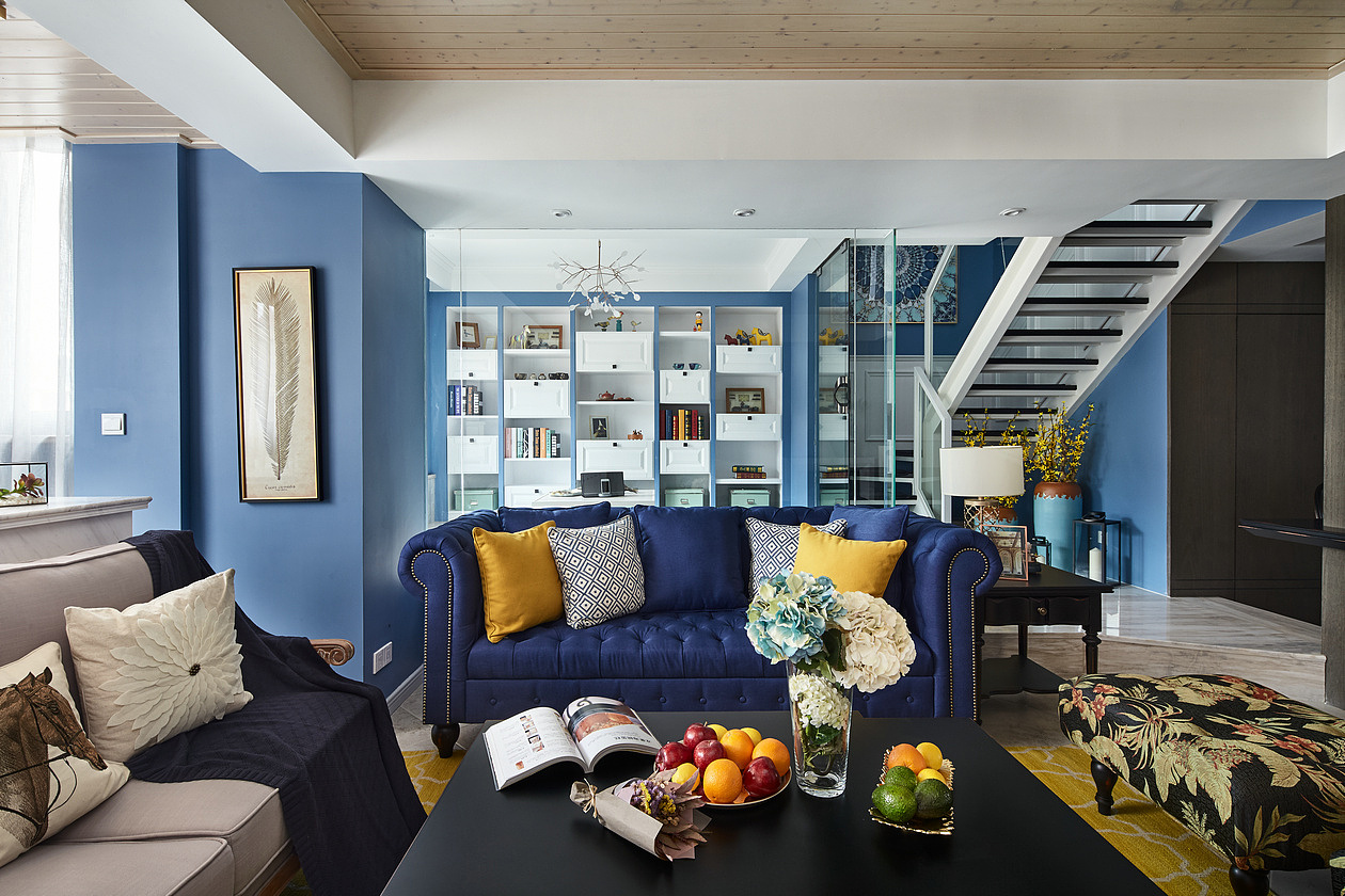 高端现代别墅蓝色调一整套效果图|空间|家装设计|张美丽效果图_原创