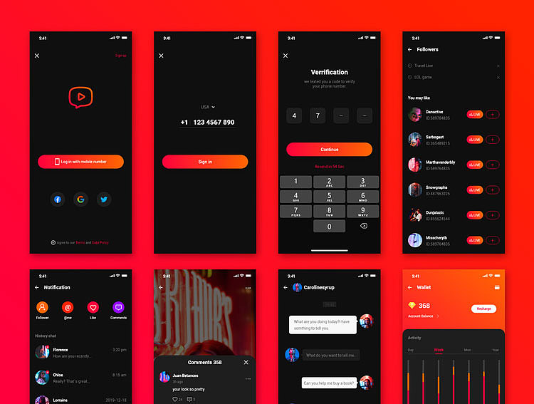国外在线直播社交短视频分享记录手机APP界面UI设计