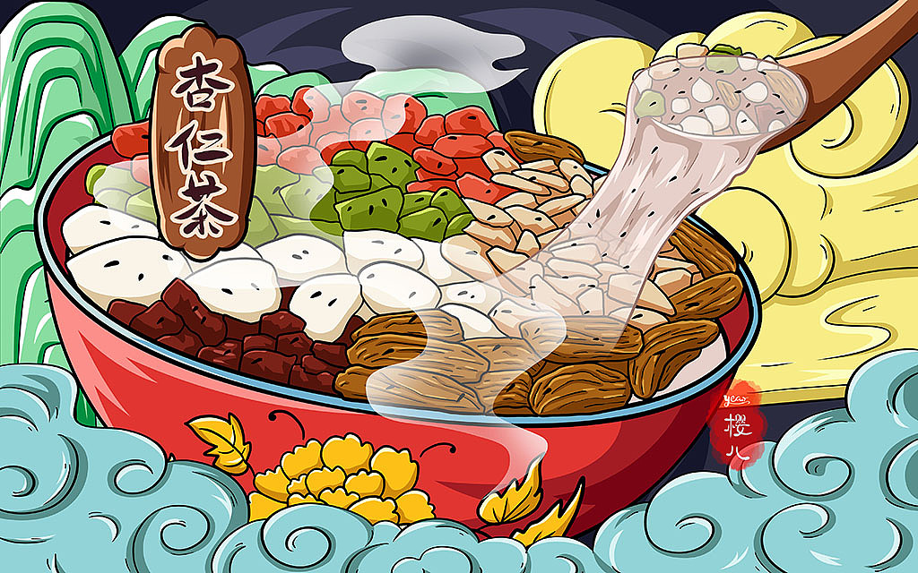 国潮杏仁茶包装插画设计已商用