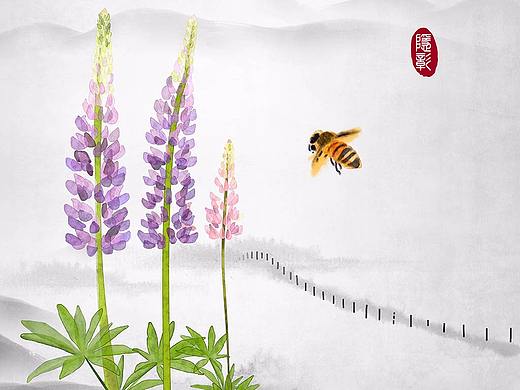 蜜蜂和鲜花花园远山意境24节气中式中国风古风插画