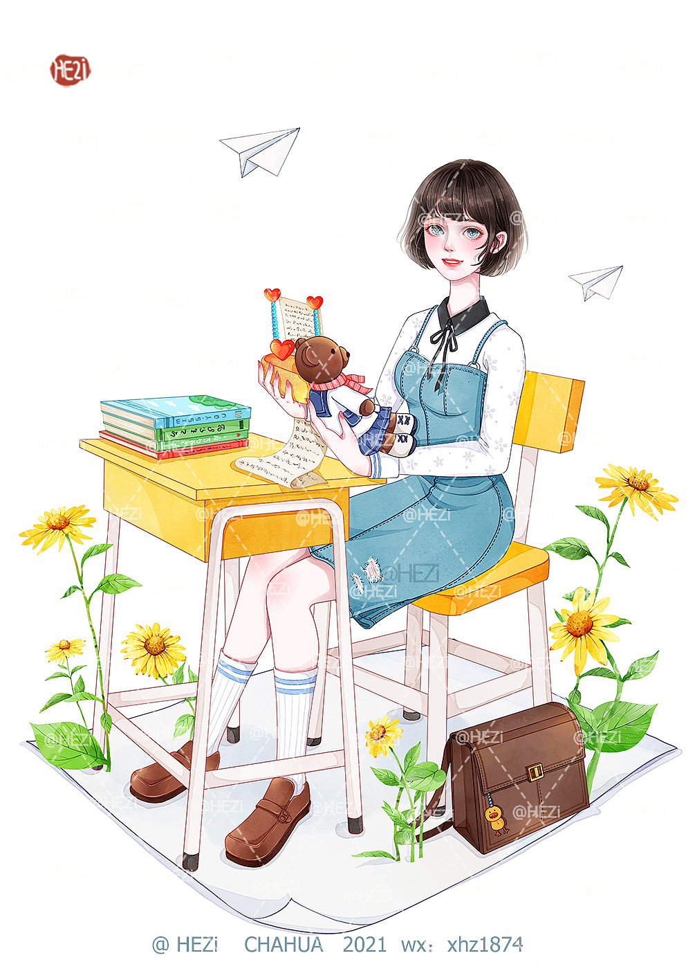 为你传递情书(少女水彩插画)