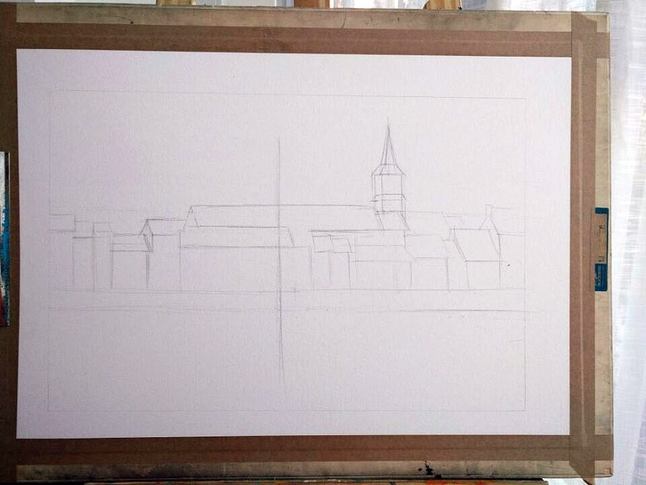 第二步 线稿(构图)
这幅画的线稿非常的复杂,不要盲目下笔,先把这幅画分成3个部分:“天空”、“房子”、“海水”。先用简单的线条大概地画出它们所在的位子,画出物体大致的轮廓,这一步叫“构图”。