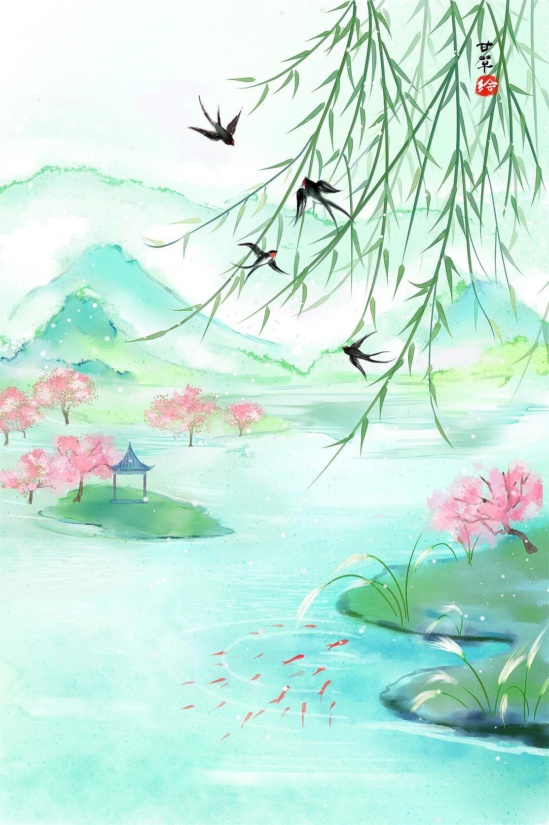 春风又绿江南岸（图ZMTk3MDc3NTA4） - 商业插画 - 站酷设计师甘草的画园原创素材 - 站酷ZCOOL