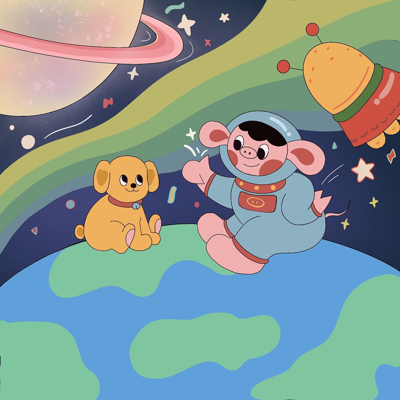 原创插画——太空猪