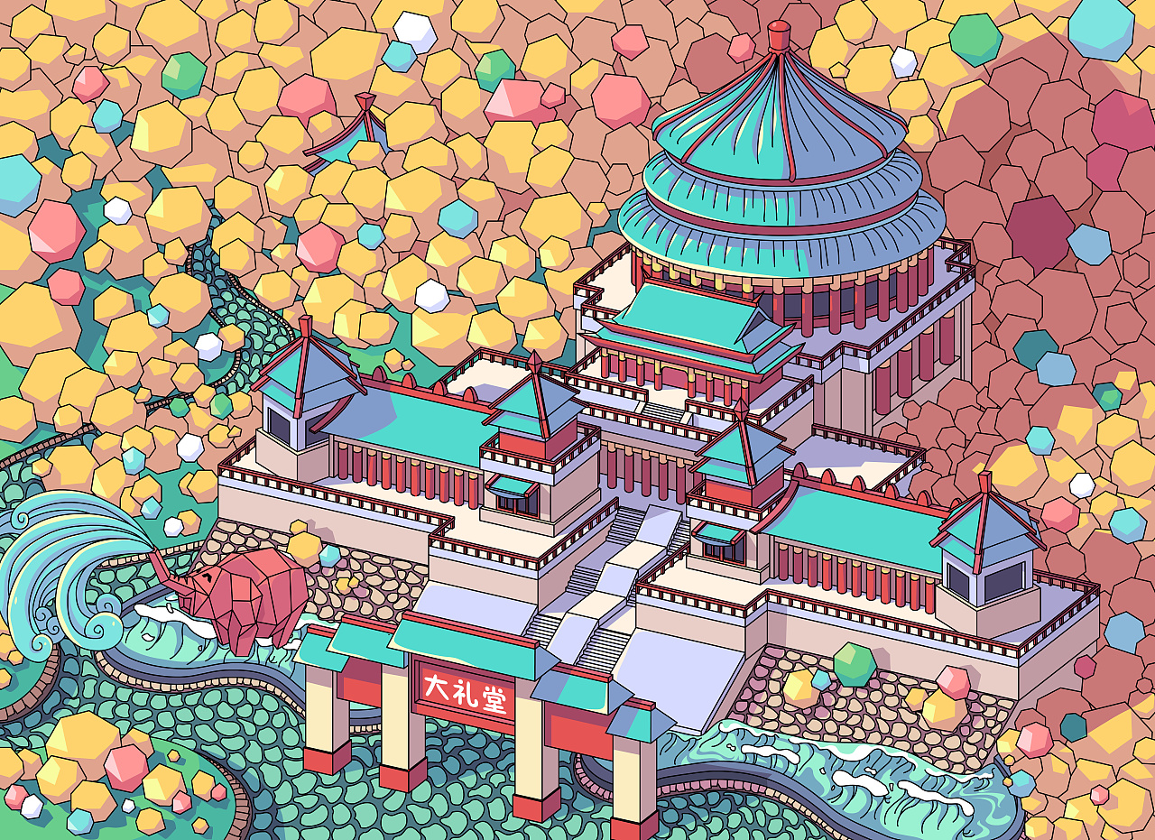 重庆网红旅游景点明信片——大礼堂|插画|商业插画|虎皮青蛙cc - 原创