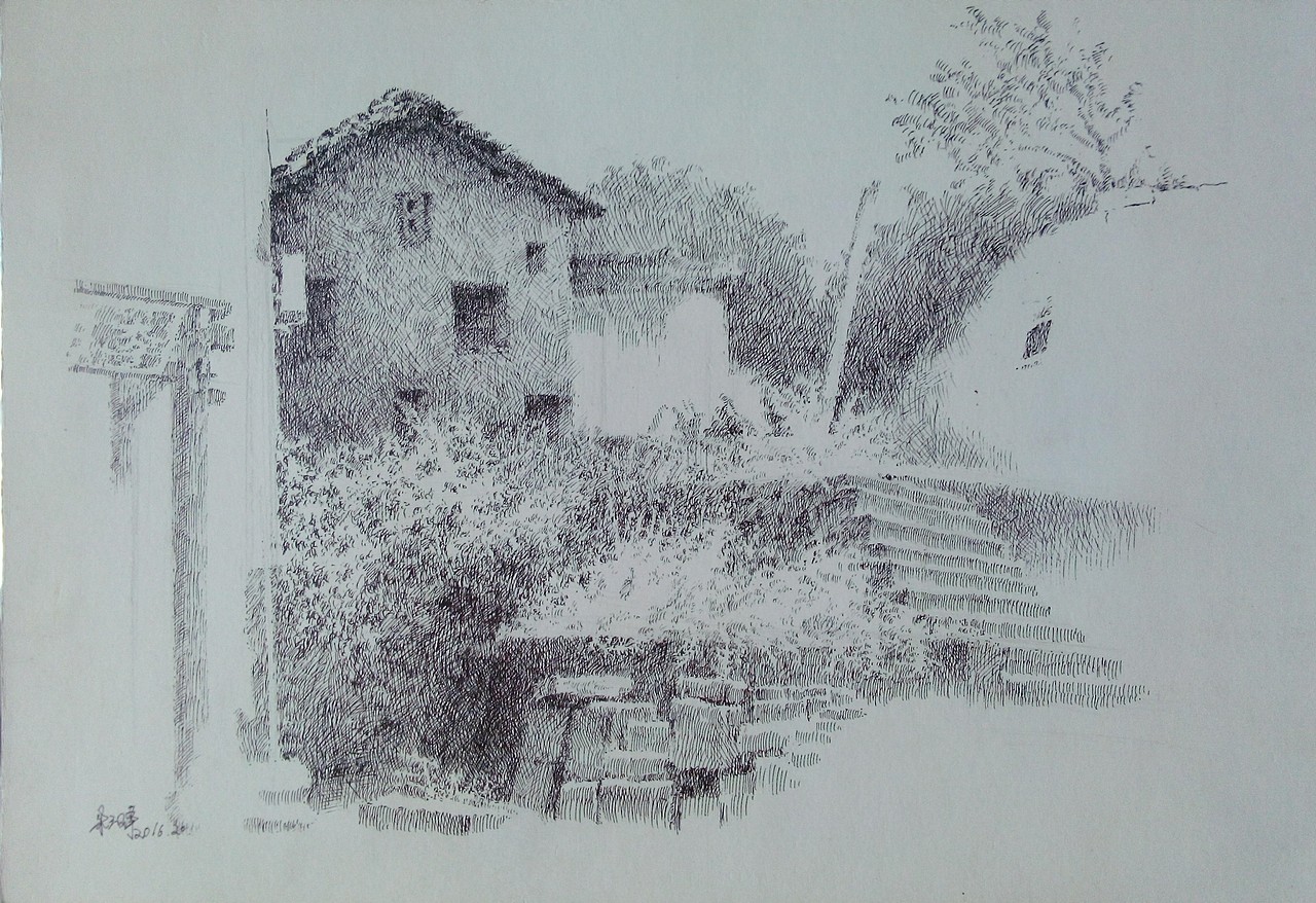 安徽西递,屏山钢笔画写生