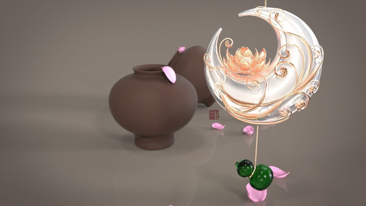 《赝古今趣》仿古风配饰集.凤月莲心吊饰.3d珠宝设计