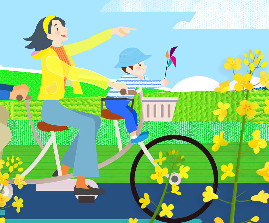 绿色清新平面三口踏青郊游插画|插画|插画习作|lalola - 原创作品 - 