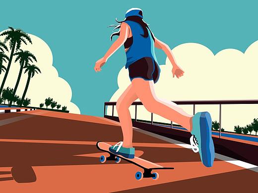 【插画】12/05-扁平风运动中的滑板少女