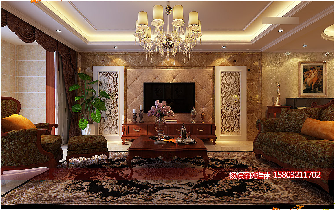 电视背景墙采用精美的软装设计,加上大气的大理石材设计,显得更加富丽堂皇又充满品位。