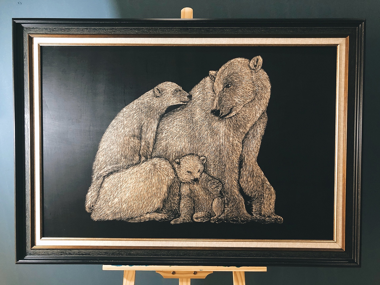 原创手工雕刻黑白木刻版画北极熊