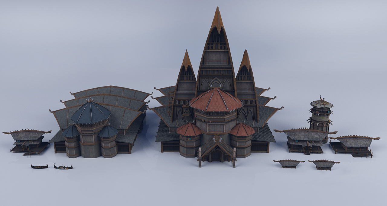 维京风格的建筑练习.清晨薄雾中的维京港口,恢弘大气中透露出野蛮感.