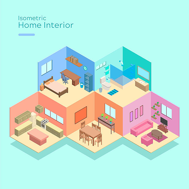 2.5d室内展示空间家居生活装修智能物联网AI插画设计