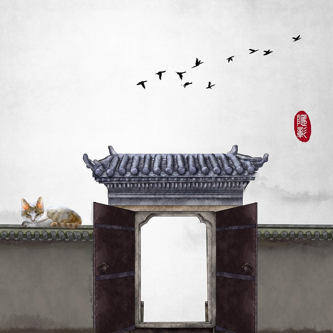 中式门竹子古建筑古门飞鸟古风水墨画古风插画