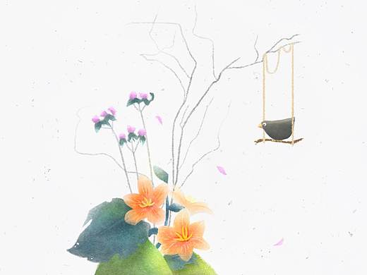 暖心插画:花儿与鸟