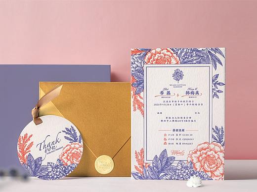 原创设计牡丹盛开婚礼邀请函金色信封环保棉纸活板印制