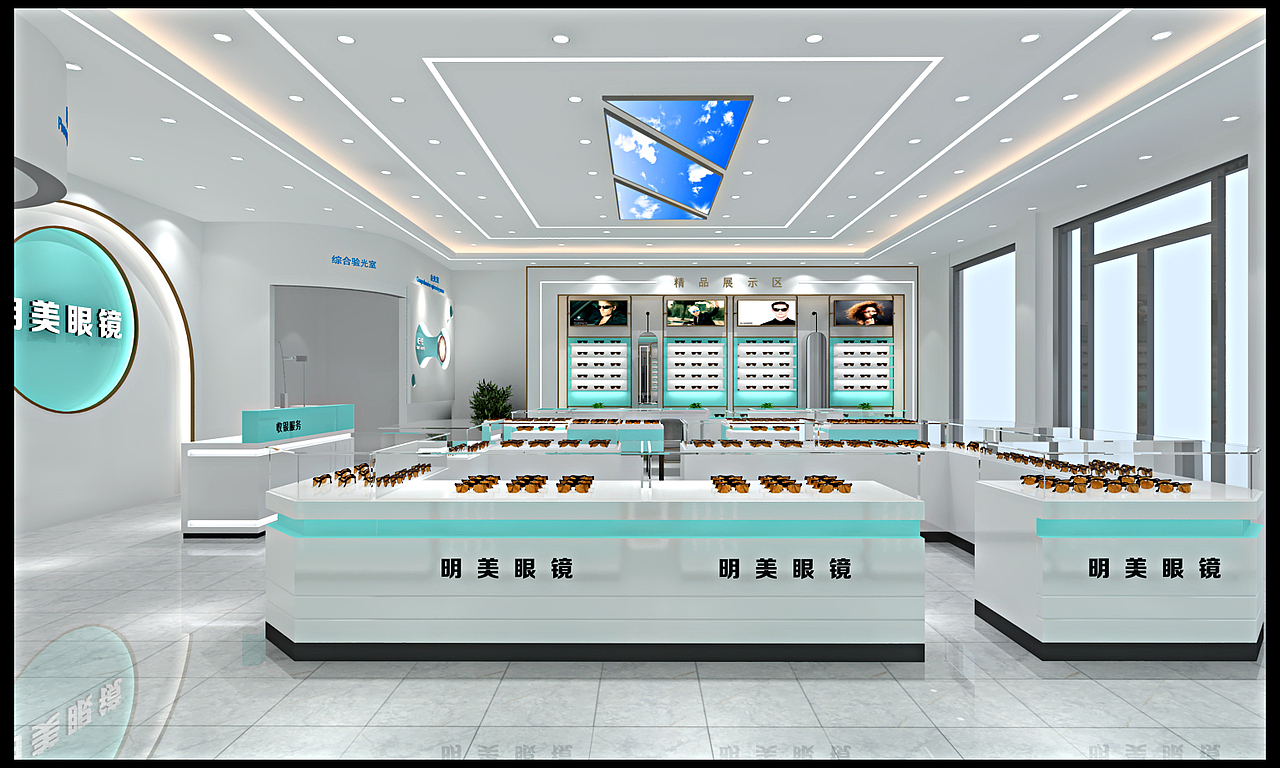 雪亮眼镜设计图纸、天然木皮与铁艺喷塑结合眼镜柜台