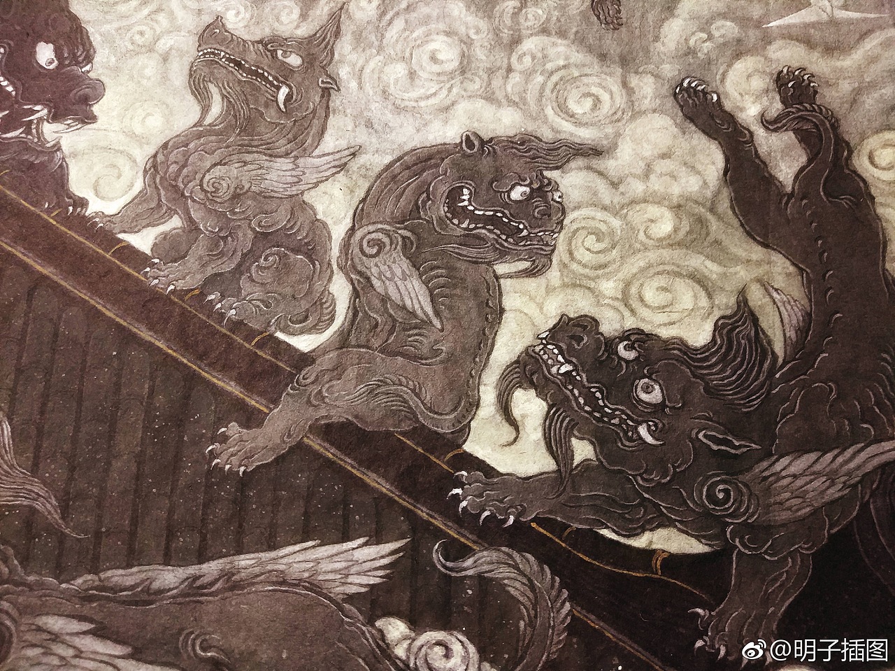 《貓熊瑞鶴戲獸圖》（图ZMTE2NDA1Njc2） - 绘画 - 站酷设计师明子水墨奇幻世界原创素材 - 站酷ZCOOL