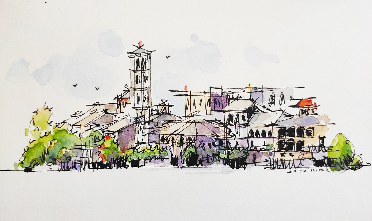 钢笔淡彩建筑风景速写