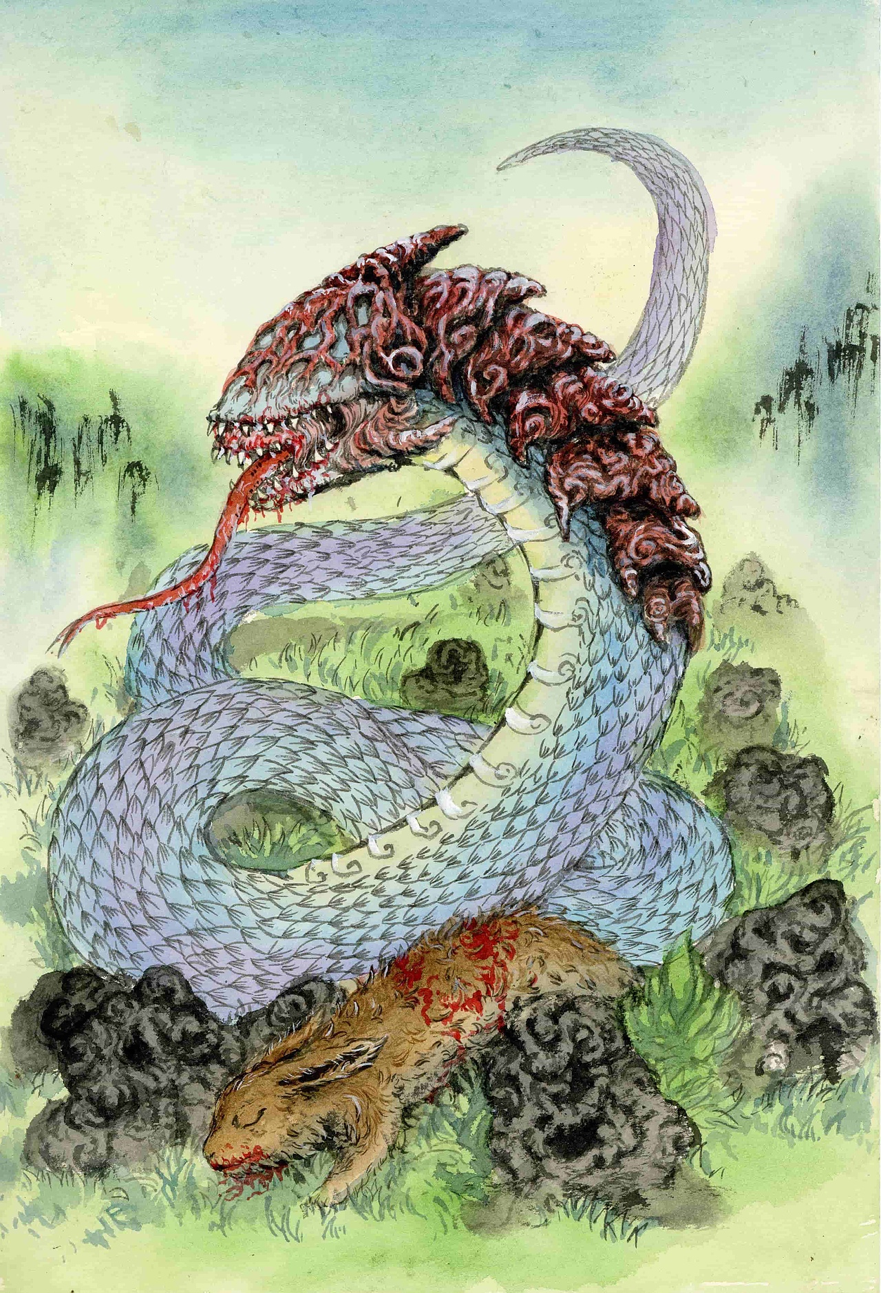 野槌 のづち
野槌是山野中的精灵。它直径约十五厘米,长约一米,没有头,本应是头的地方只长了一张大嘴,就像一把没有柄的槌子。它栖于深山林野,相传会吃人。曾有人去割草时遇到野槌,吓得再也不敢来割草,并且修建了祠堂代代供奉,后来有个不信传言的人又跑去割草,也遇到了野槌,回家后就一病不起。