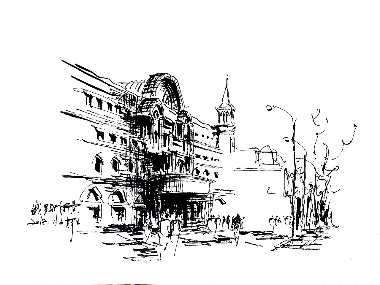 速写风景建筑速写阿王速写钢笔画