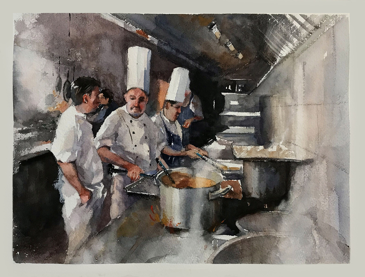 夏宇航水彩画《西餐后厨》