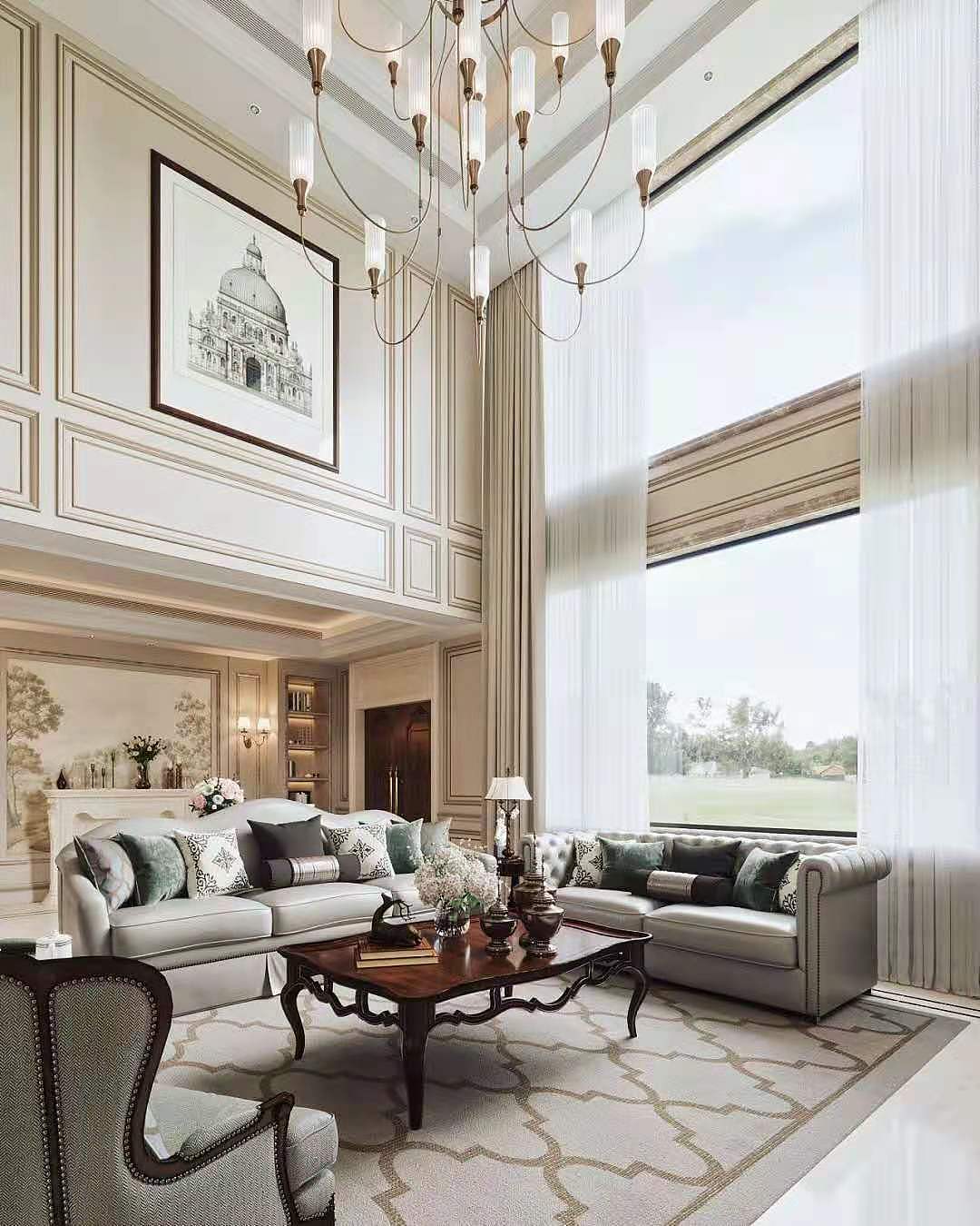 济南万泰装饰260平美式别墅设计实景案例-挑高客厅