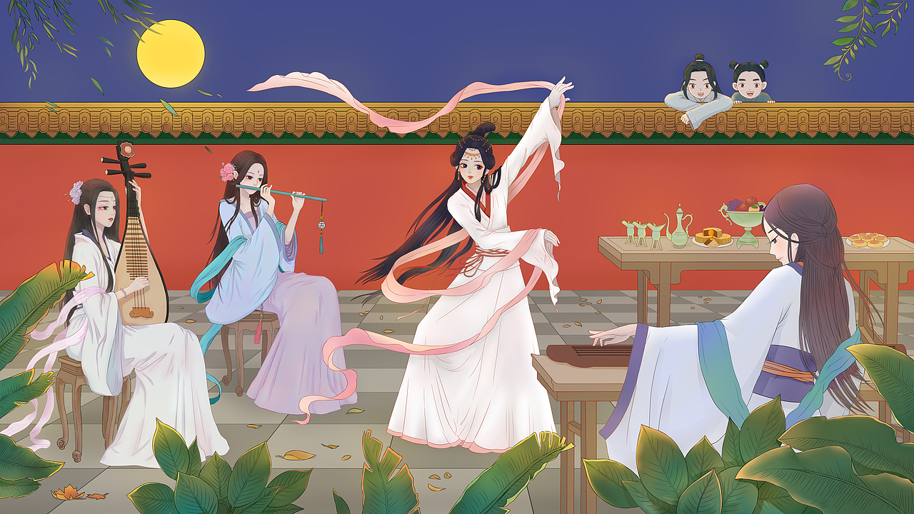 为此图征集到了两首诗,我的朋友都好有才华啊!我怎么就写不出来呢?
<br> 《秋乐》<br>月下丝竹起,妙音传远涯。<br>吴质椅桂树,顽童忘归家。<br><br> 《歌舞团圆庆中秋》<br>圆月初升似云盘,晚风幽幽柳枝开。<br>庭内歌舞难得见,稚子闻声趴墙来。