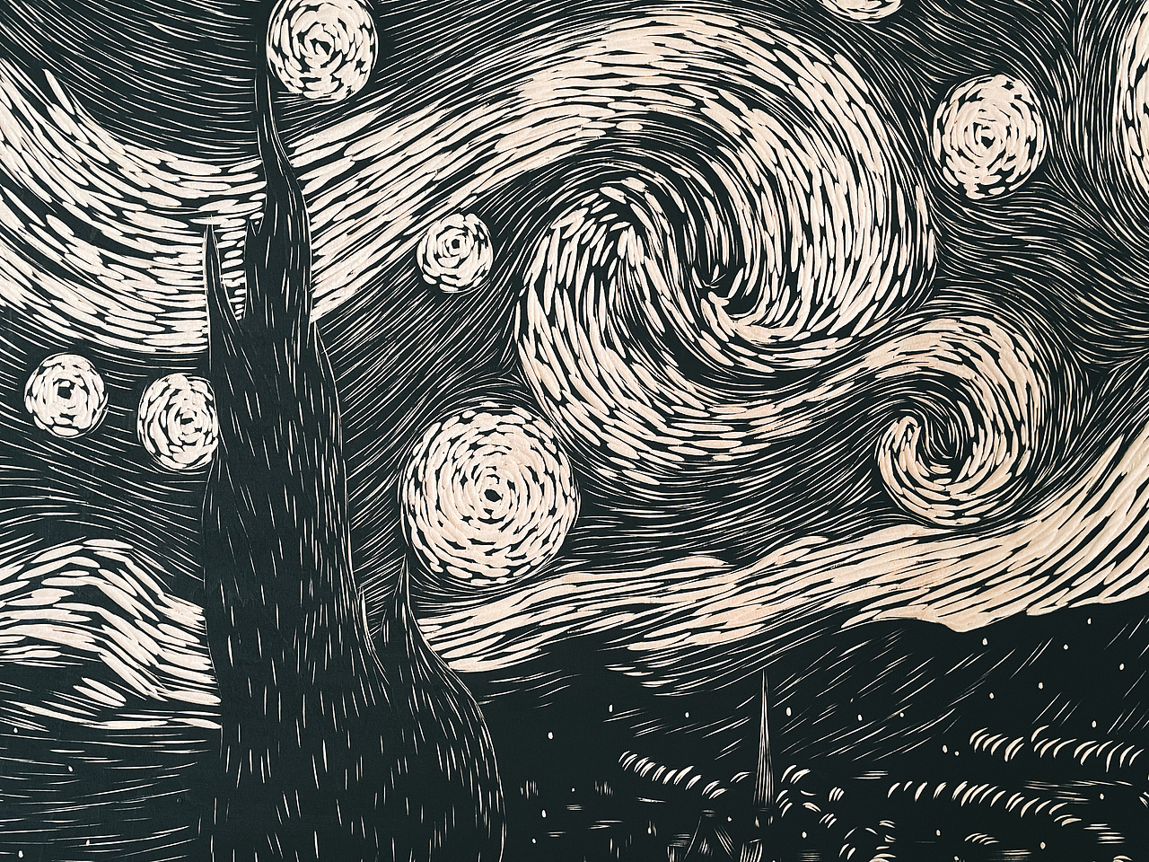 手工雕刻星空·木刻版画制作