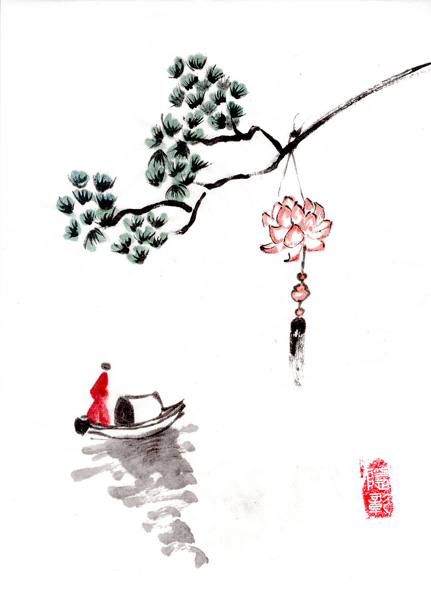 禅意画荷花灯小船静谧悠远时光禅