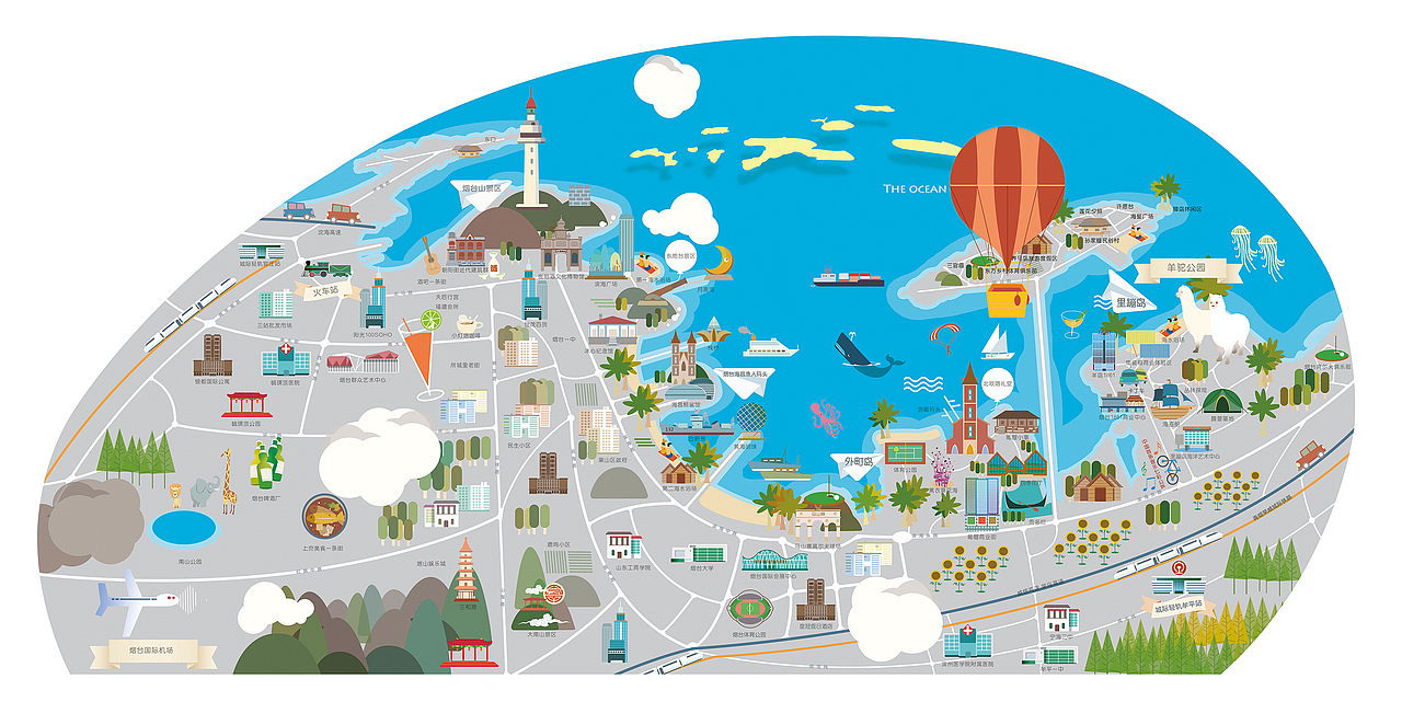 手绘地图烟台30版沙盘模型