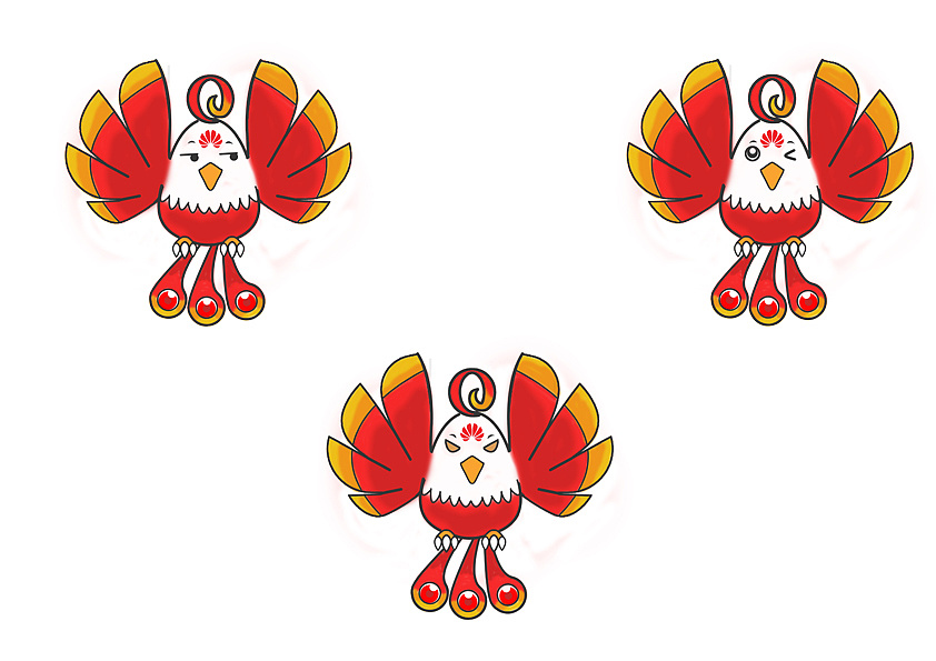 设计以华为logo为原型,设计为吉祥物的翅膀,将吉祥物设计为鸾,属于