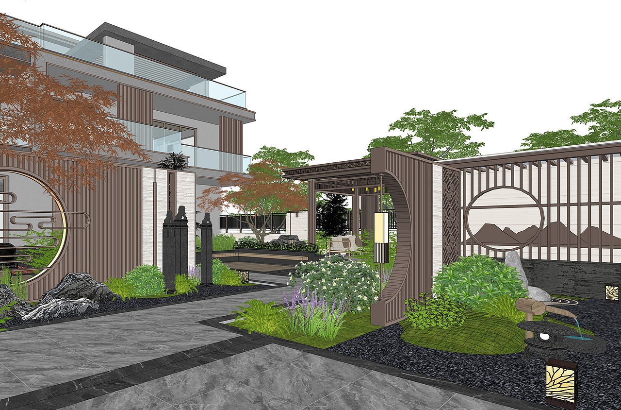 新中式庭院景观SU模型下载