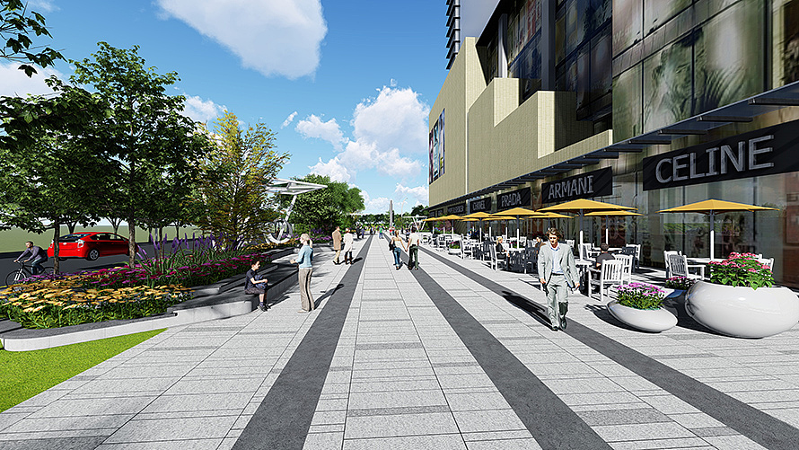 场地铺装贴合整体设计风格,与异性树池交错,斑驳成影,让建筑立面与景观里面巧妙衔接。合理设计的铺装能对人流起到疏导作用,可将营业空间与人行空间进行划分,使场地脉络更清晰。