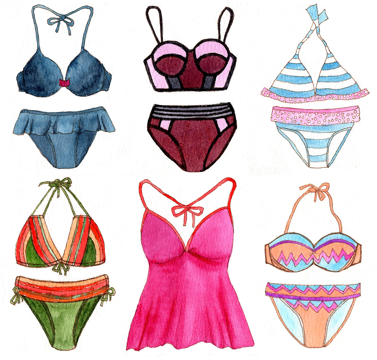 水彩画-树叶 甜品 比基尼 英文字母