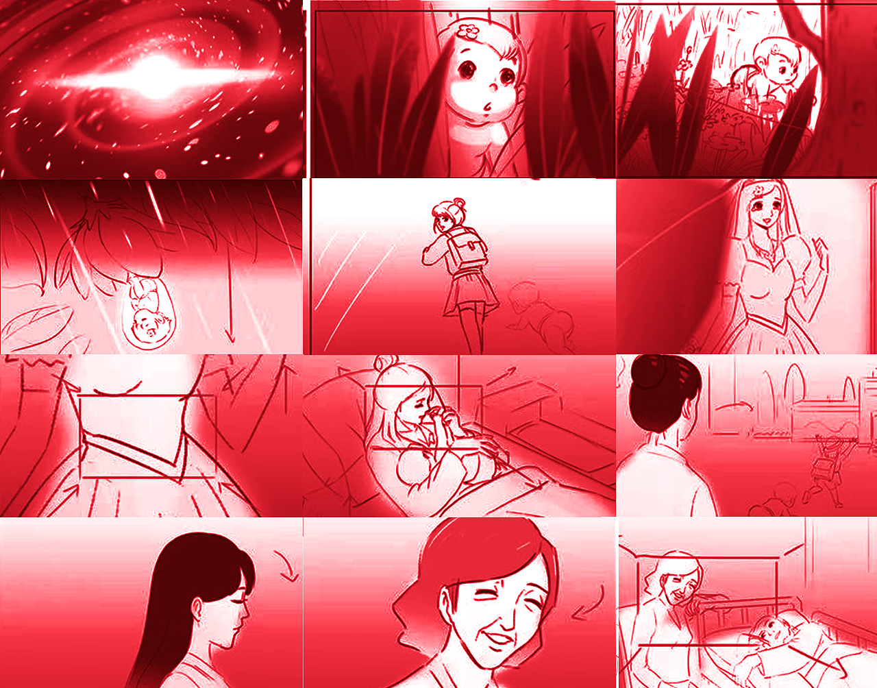 From the time the baby grows up to become a mother, finally time passes, and the young mother also becomes a loving grandmother with white hair. One day has passed by the clock, and this day is the mother's life.
<br>从宝宝长大成人,再成为一个母亲,最后时光逝去,年轻的母亲也成为了满头白发慈爱的外婆,时钟走过了一天的时光,而这一天,是妈妈的一生。<br><br> <br><br>The line drawing shows the effect separately<br><br>线稿图单独展示效果