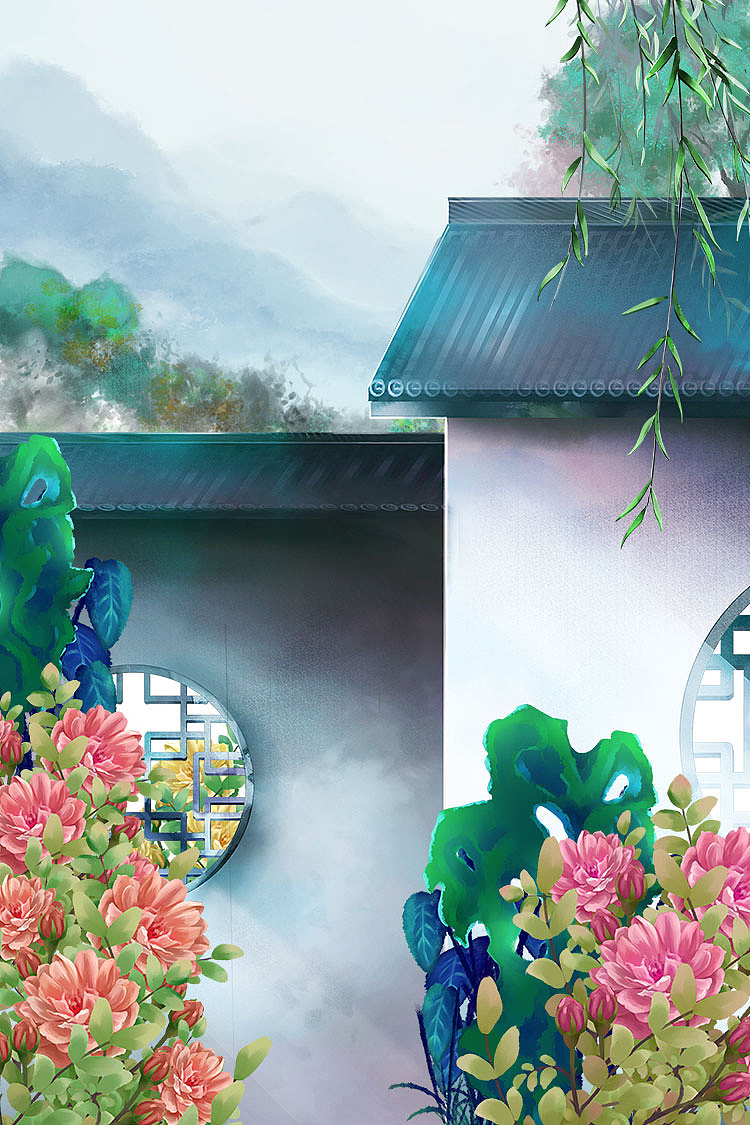 PS古典建筑场景中国风庭院游戏背景水彩插画海报设计