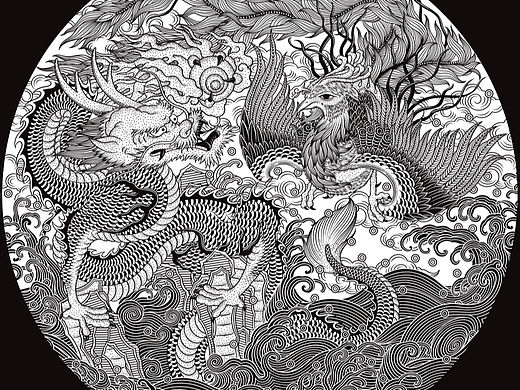 龙凤呈祥 黑白装饰画 茶饼插画手绘