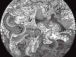 龙凤呈祥 黑白装饰画 茶饼插画手绘