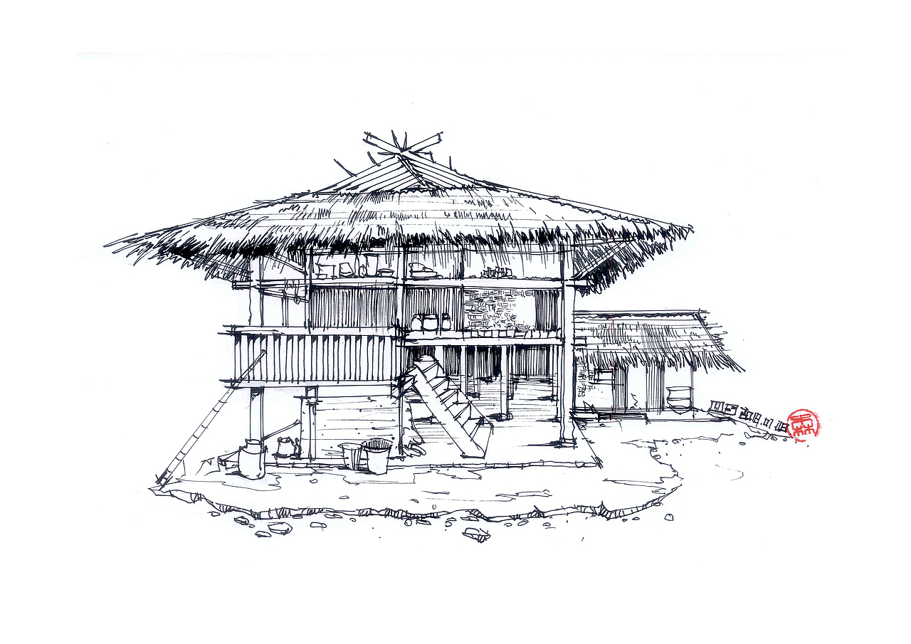 翁丁村 佤族建筑线稿