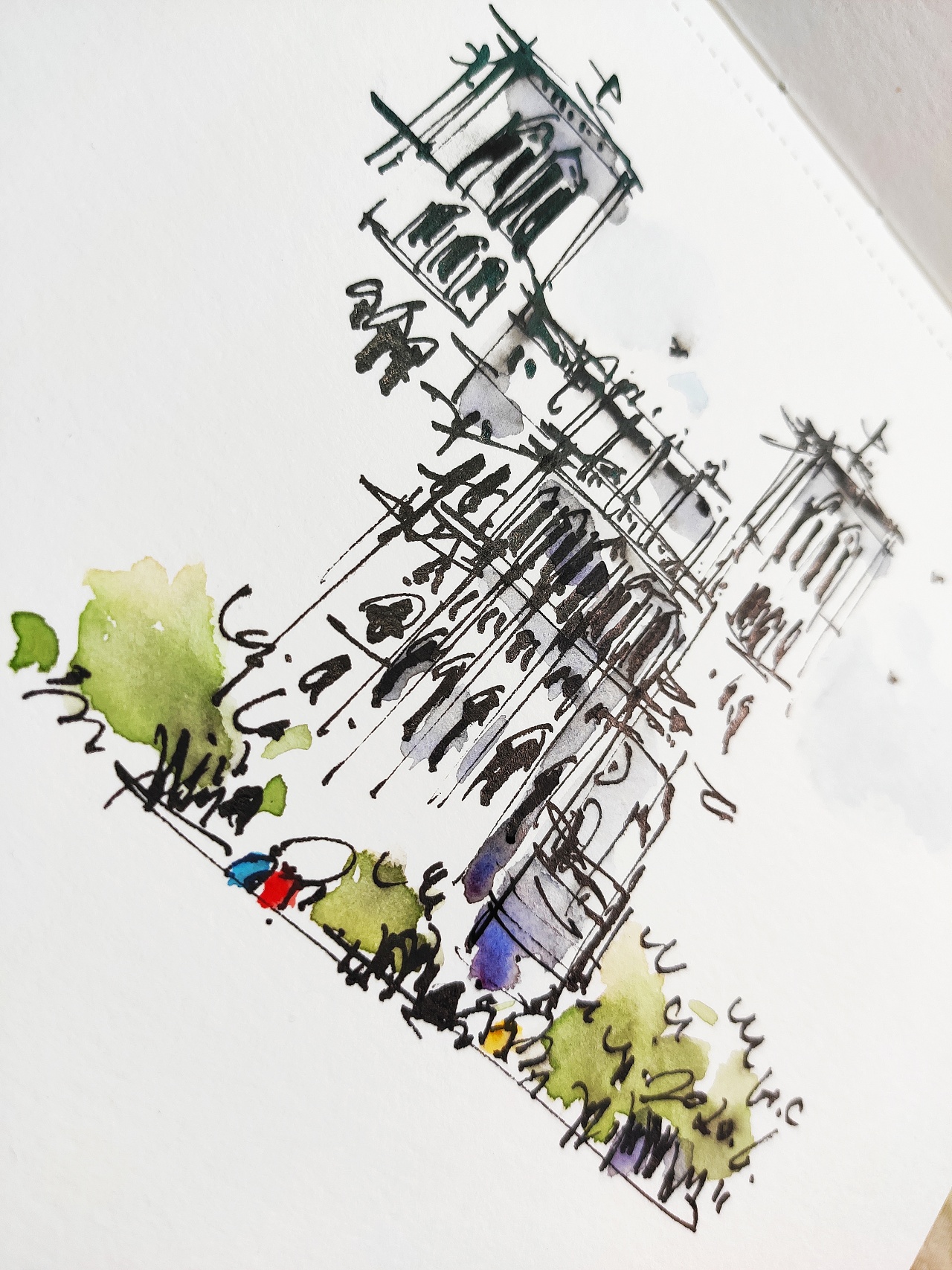 钢笔淡彩建筑风景速写