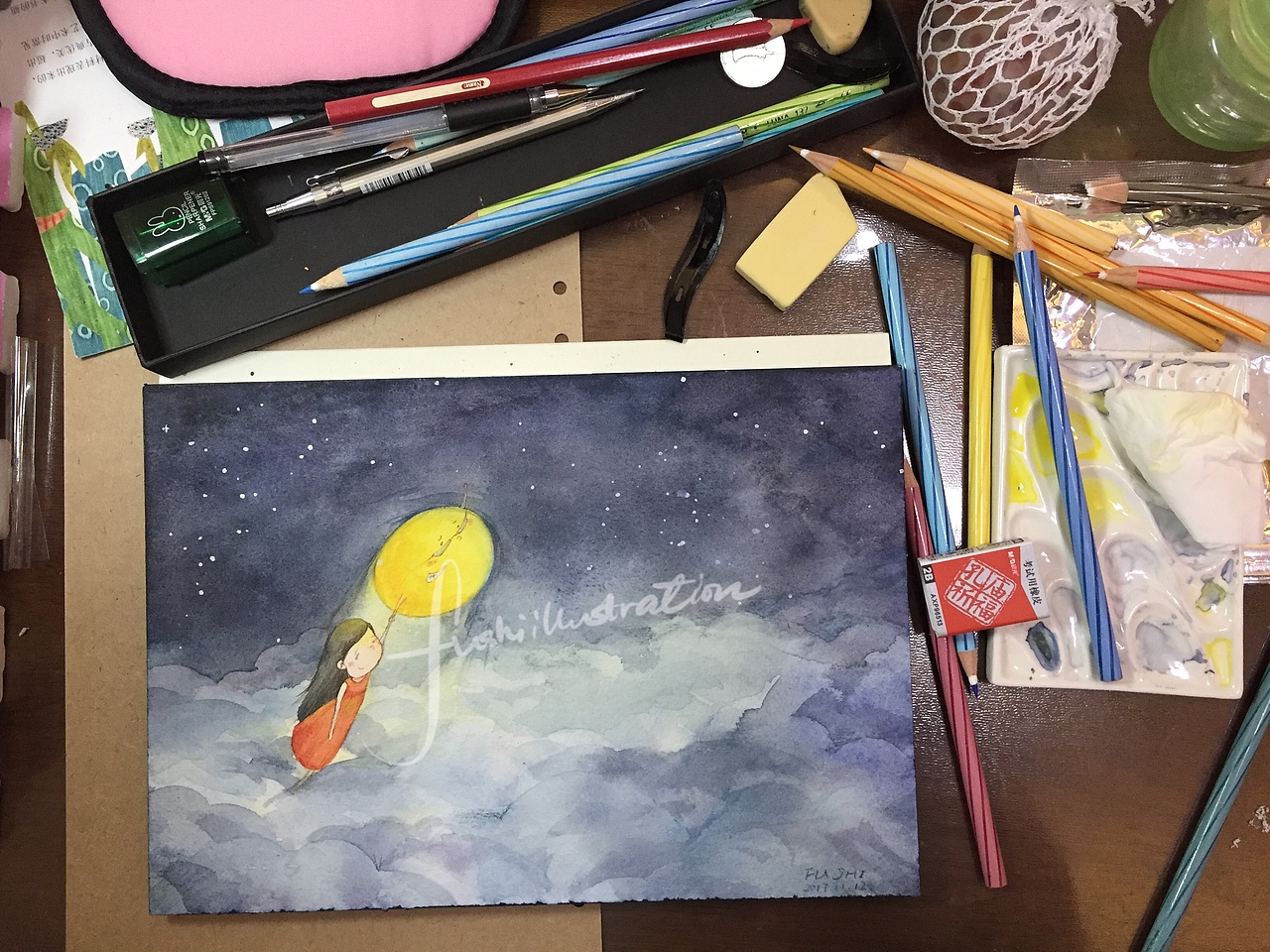 月亮系列——逃出地球(水彩作品)小女孩和月亮