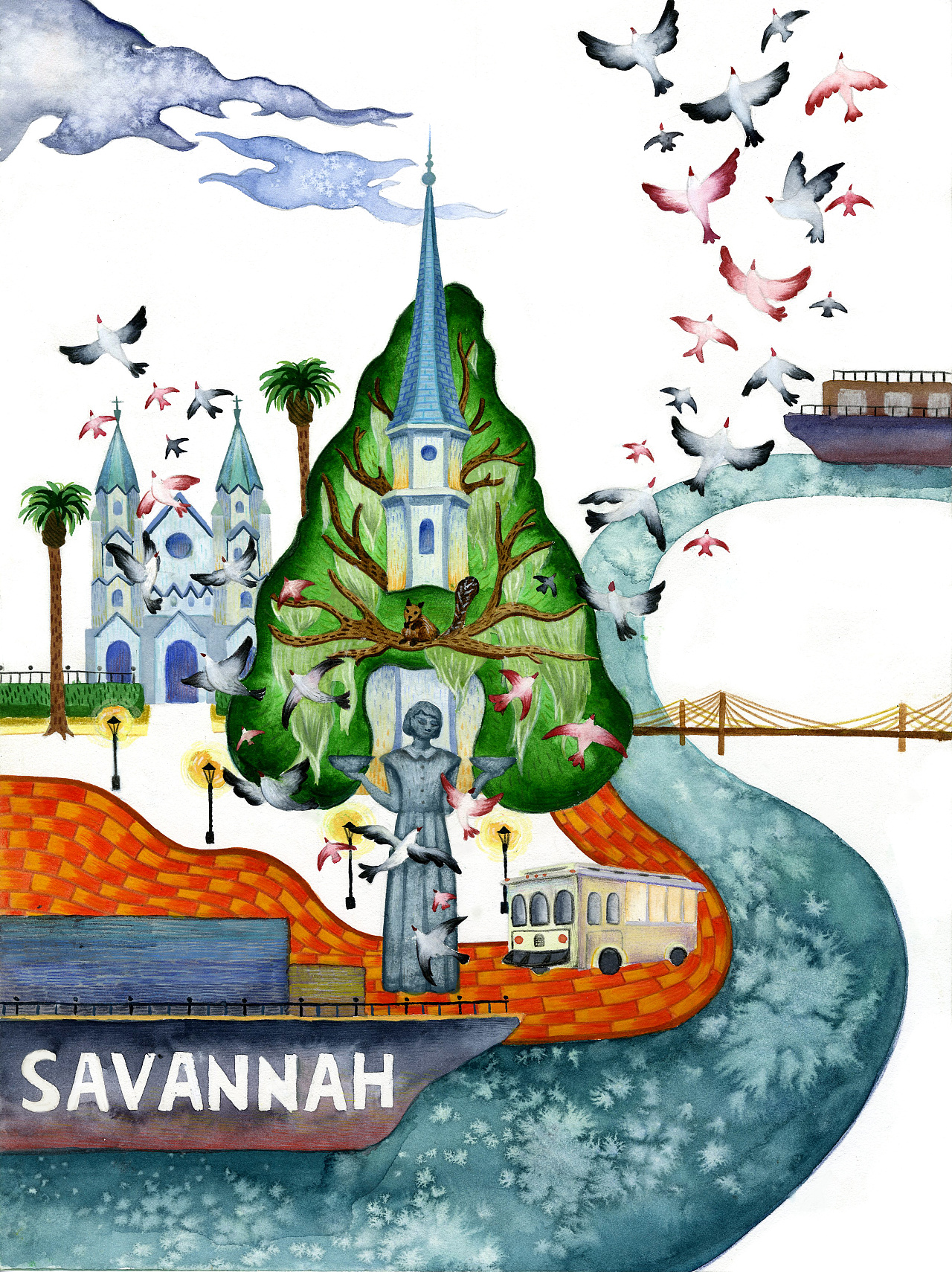 萨凡娜城市海报,手绘,水彩 彩铅.