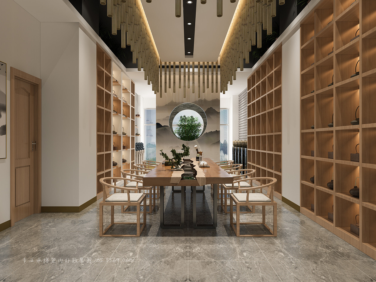 木块装饰墙面的新中式茶馆茶室3d模型下载_模型ID:28897-让提网