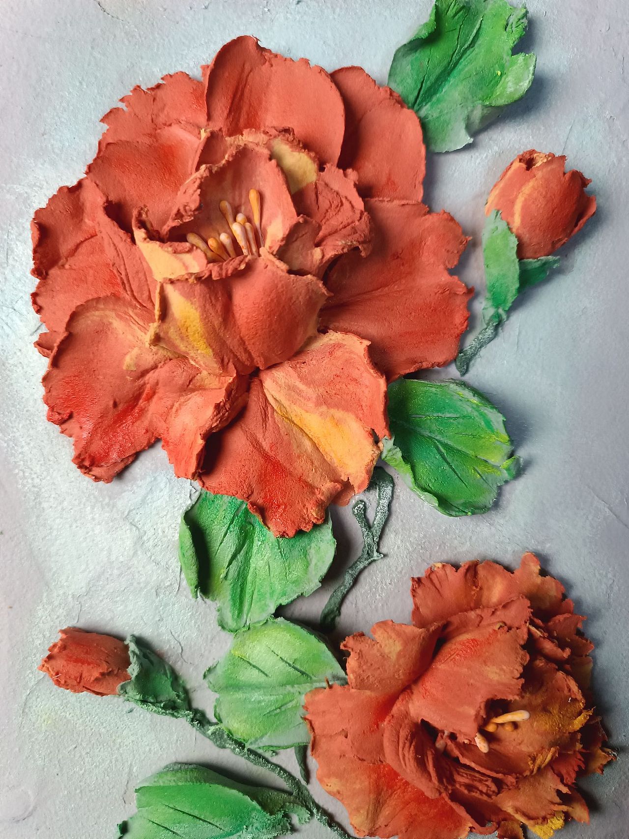 雕塑膏刮刀画,轻松画出桔红色牡丹