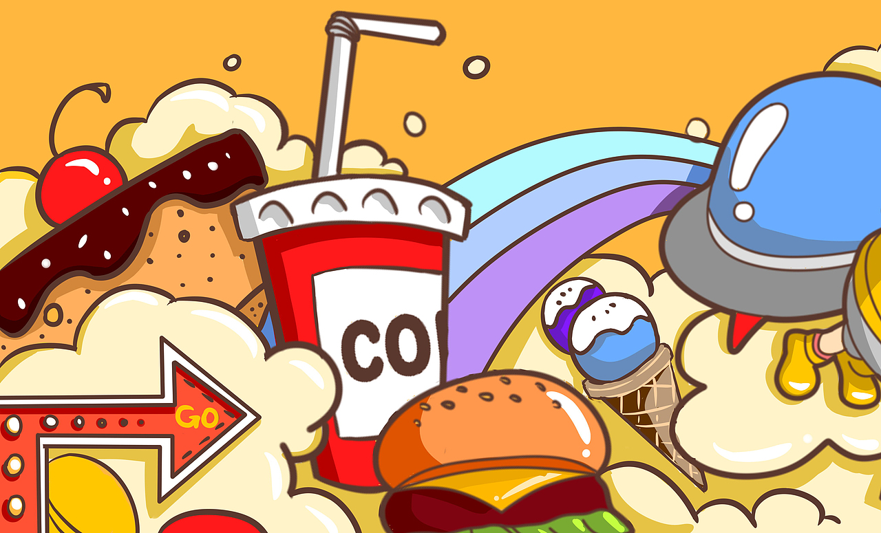 《吃喝,玩乐,购物》墙绘|插画|商业插画|走在路上的唐狗蛋_原创作品